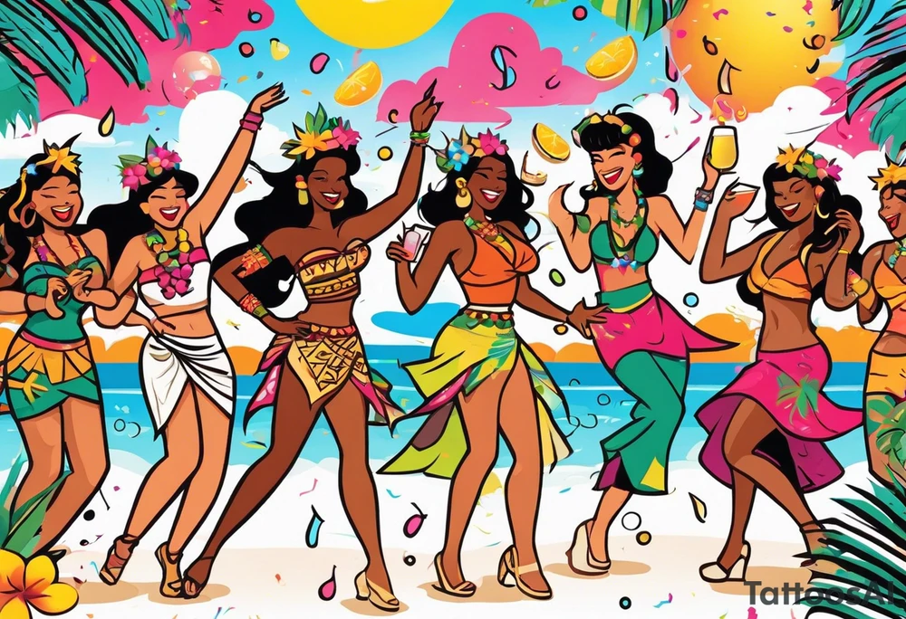TIKI beach  dance party scene with tropical drinks, sexy girls dancing, music notes, confetti tattoo idea