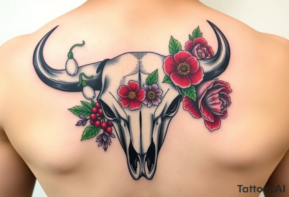 Buffalo or bison skull with flowers. Snow drop and red peony. Green holly with red berries, purple larkspur, red peony.  Colour. For upper arm or shoulder. Masculin. tattoo idea