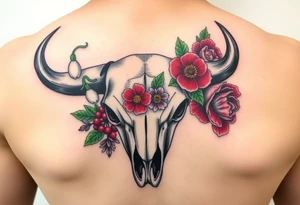 Buffalo or bison skull with flowers. Snow drop and red peony. Green holly with red berries, purple larkspur, red peony.  Colour. For upper arm or shoulder. Masculin. tattoo idea