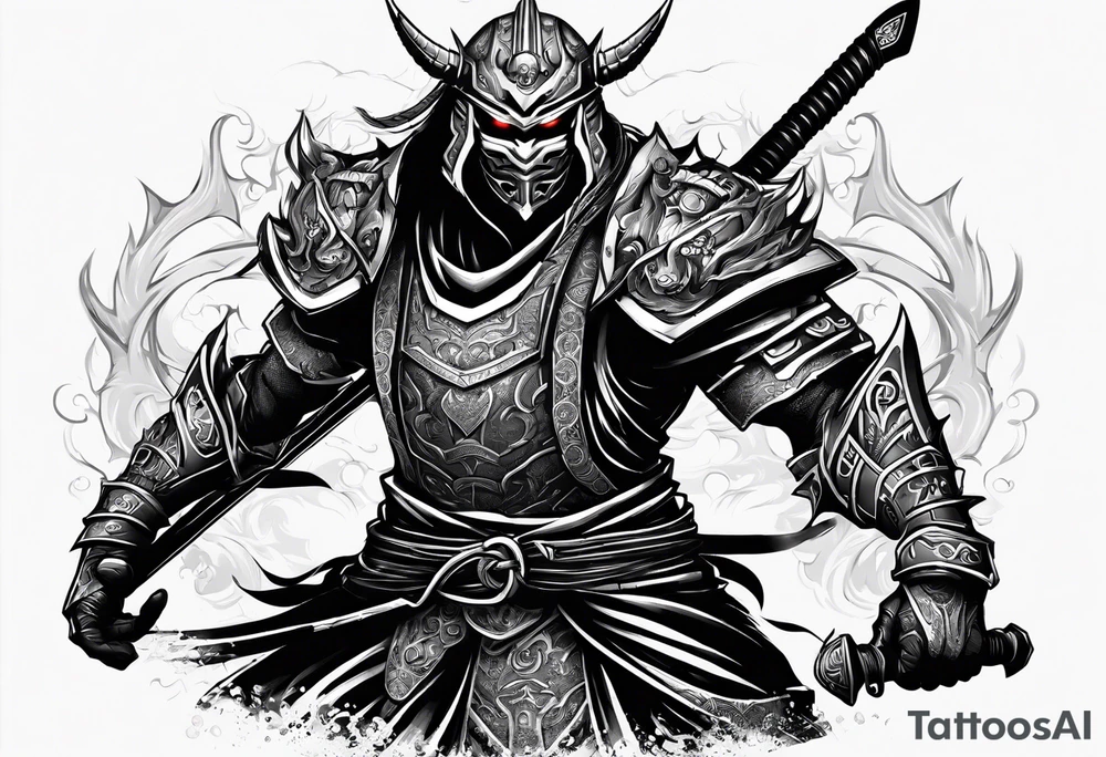 Angry robot demon ninja with demon mask with huge sword fighting in war tattoo idea