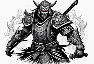 Angry robot demon ninja with demon mask with huge sword fighting in war tattoo idea