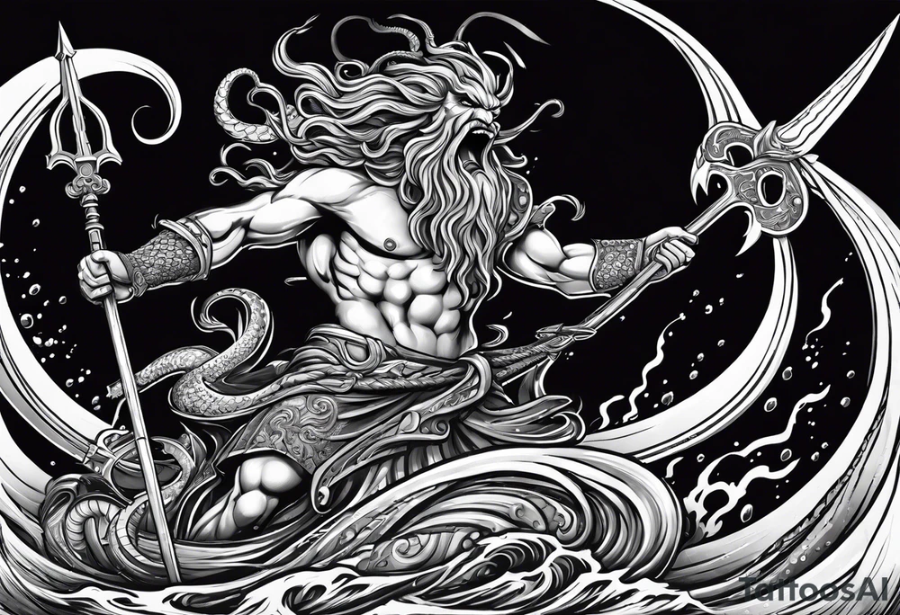 Kraken attacking Poseidon thrusting trident into monster tattoo idea
