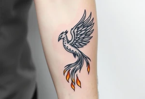 magnificent phoenix rising from golden flames with trailing embers tattoo idea