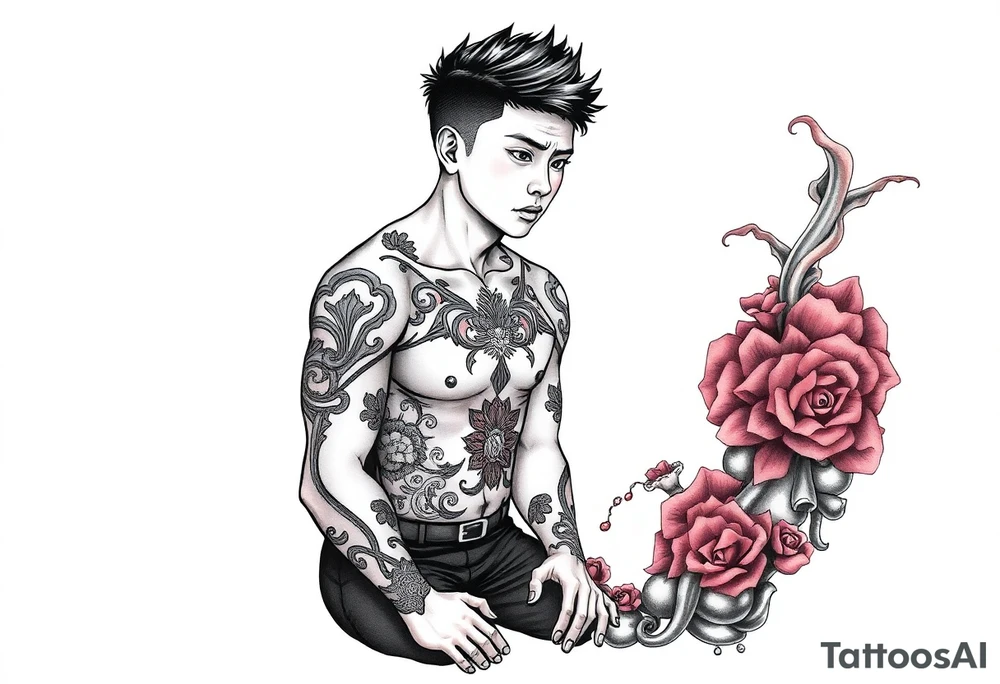 Handsome Asian young guy is standing on his knees sorry tattoo idea