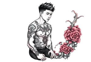 Handsome Asian young guy is standing on his knees sorry tattoo idea