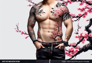 Japanese tattoo sleeve with a sakura tree tattoo idea