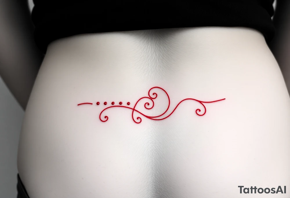 “-... .-. .- . .- .-.. ....... -.. .- .-- --- --- -.. .......” with dainty girly swirl design in red ink on female hip bone/lower stomach tattoo idea