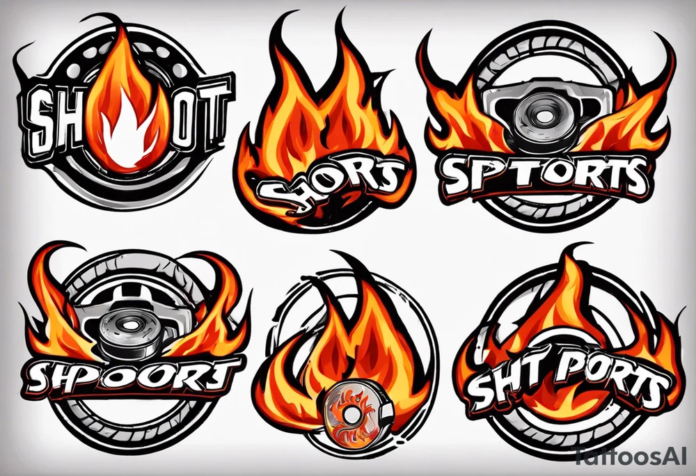 hockey puck with flames on it's side that says "SHOT SPORTS" tattoo idea