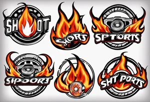 hockey puck with flames on it's side that says "SHOT SPORTS" tattoo idea