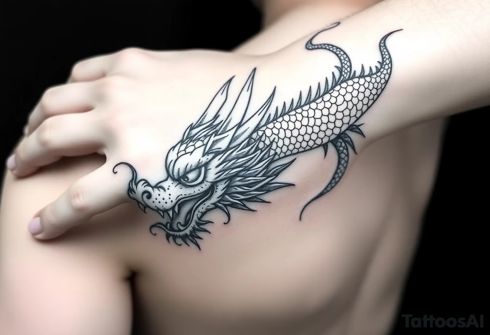 Create a detailed black-and-gray dragon tattoo design covering the hand and forearm. The design should include intricate scales, fierce eyes, and a bold, flowing style. The dragon’s head should start at the hand, with its body coiling up the forearm. Ensure the shading is rich and dynamic, emphasizing depth and texture, with traditional Asian tattoo art influences tattoo idea
