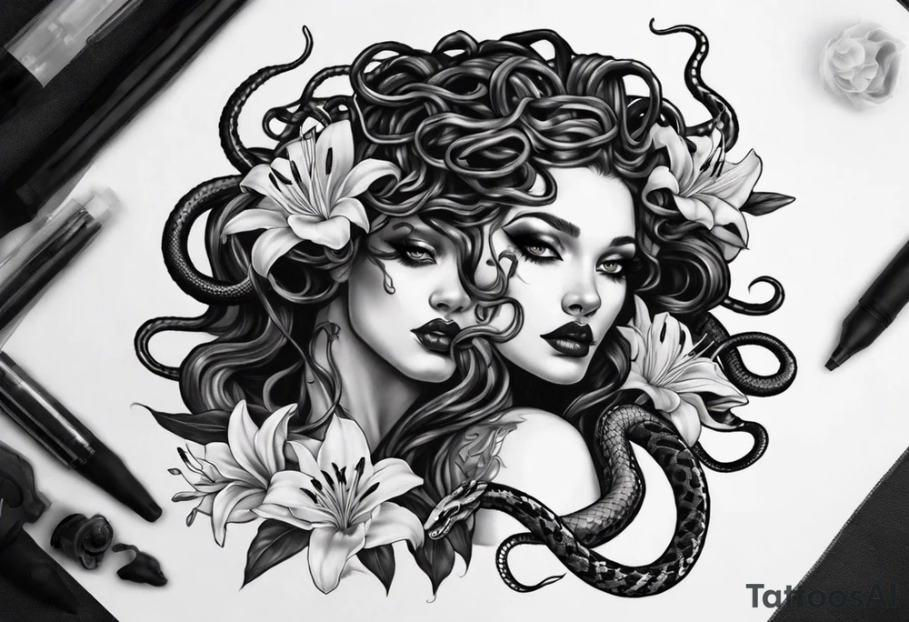 Dark/goth Medusa with white pupils and snake hair. Lilies tattoo idea