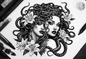 Dark/goth Medusa with white pupils and snake hair. Lilies tattoo idea