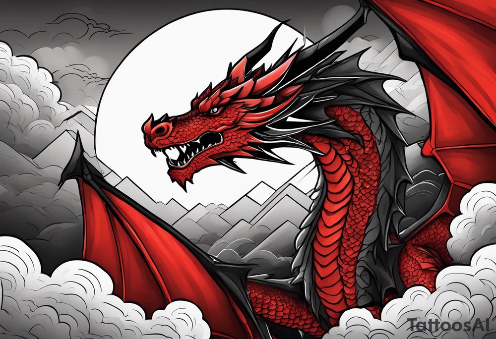 A red dragon emerging from the gray and black layered clouds in a sky where lightning flashes tattoo idea