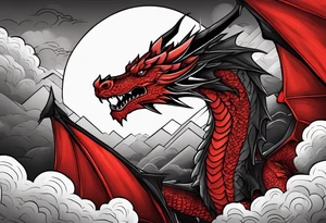 A red dragon emerging from the gray and black layered clouds in a sky where lightning flashes tattoo idea