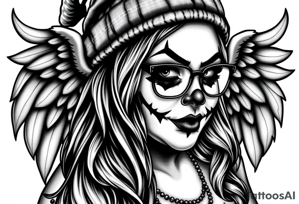 Chicana BBL fat sexy chunky plus size beautiful long hair clown makeup angel wings thug beanie eyeglasses tattoo idea