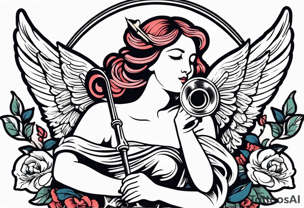 angel with trumpet
old school vintage simple traditional design with vintage flowers surrounding it bold color tattoo idea