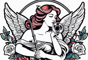 angel with trumpet
old school vintage simple traditional design with vintage flowers surrounding it bold color tattoo idea