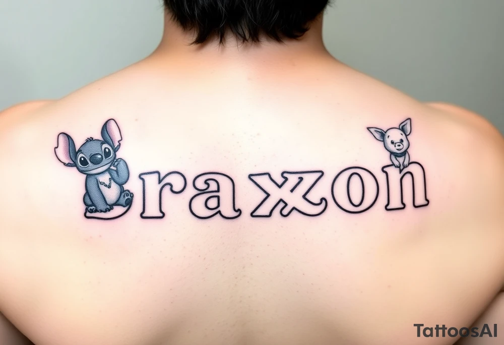 The name Braxton in small bubble letters with a animated stitch character from lilo and stitch 
The name Bentley in small bubble letters with a animated Piglet from Winnie the Pooh 
The name Cayden in small bubble letters with a Sully from monsters inc 
All in one tattoo tattoo idea