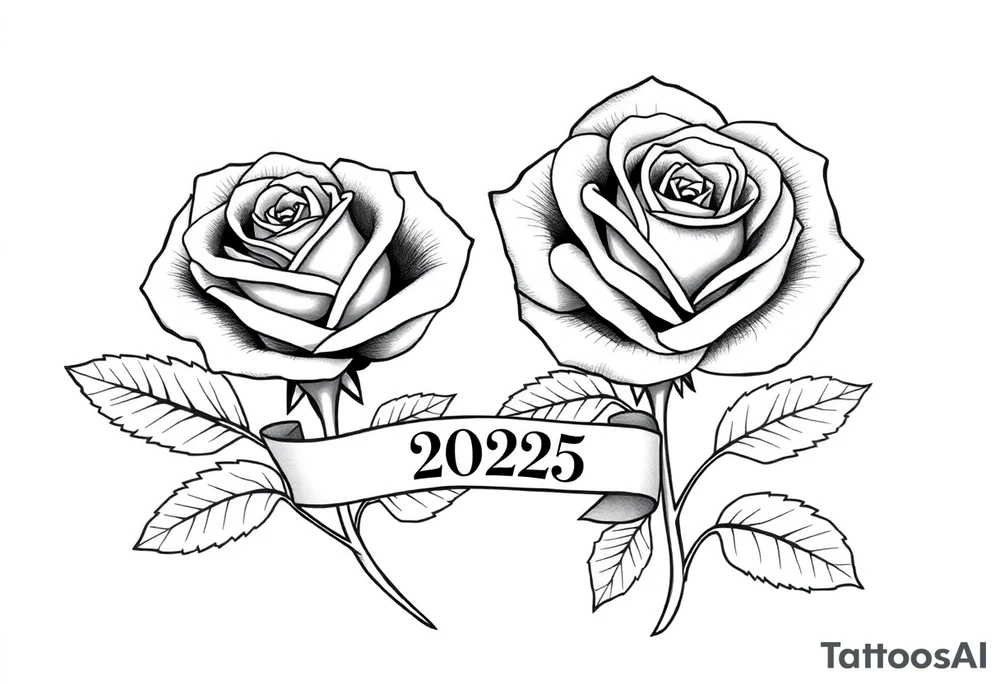 two beautiful large rose buds, one larger than the other, with lots and lots of leaves next to the rose buds, with one sitting slightly higher than the other, side-by-side.  Include a banner connecting the two roses with the year 2025 on it.   Use dark outlines with little shading. No stems tattoo idea