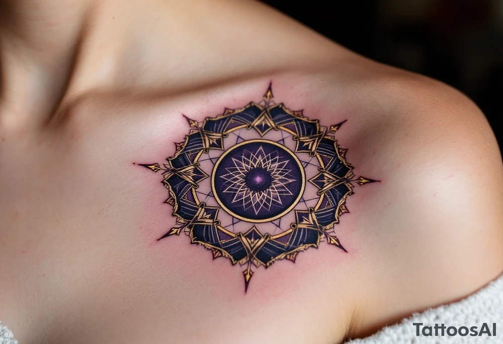 A dark violet magic circle with golden protective markings and layered spell rings. tattoo idea
