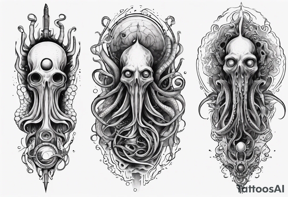 lovecraft long tattoo to put on the forearm, with eye and tentacle tattoo idea