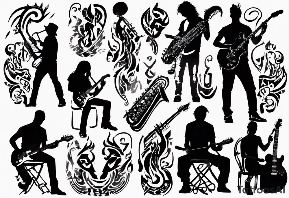 shadows of band members playing instruments. The words Riley and Jasper are formed by the parts of the picture. tattoo idea