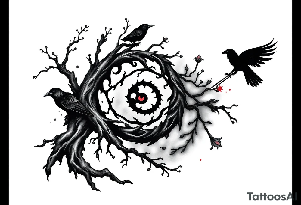 Tattoo design combining a black spiral, nature elements like roots, vines, fog, and flowing water, mythological symbols like Norse runes, a raven, and a shadowy wolf spirit. Include anime elements from Naruto and One Piece: Sharingan eye, chakra flames, Itachi silhouette, Kurama, Luffy in Gear 5, and Zoro’s swords. Style should be black and grey with red highlights, mystical, powerful, and artistic – blending nature, mythology, and anime tattoo idea