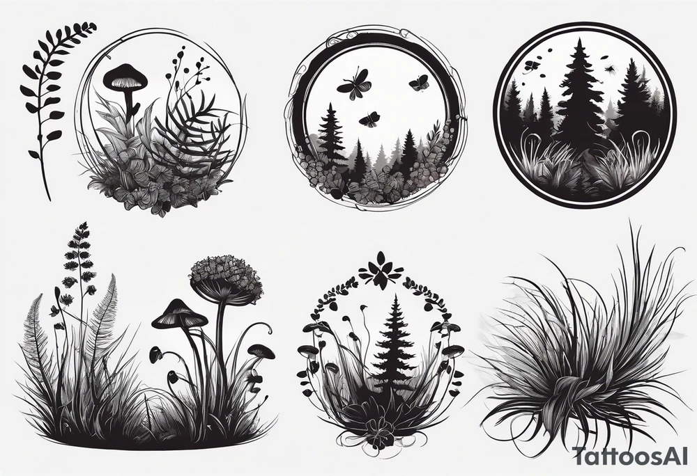 forest floor inspired minimalist tattoo, which includes grass, curly ferns, moss and dead leaves as the bulk of the tattoo. details to include: forest berries, a tiny bumblebee flying nearby, three small brown mushrooms
Generate a vertically long one tattoo idea