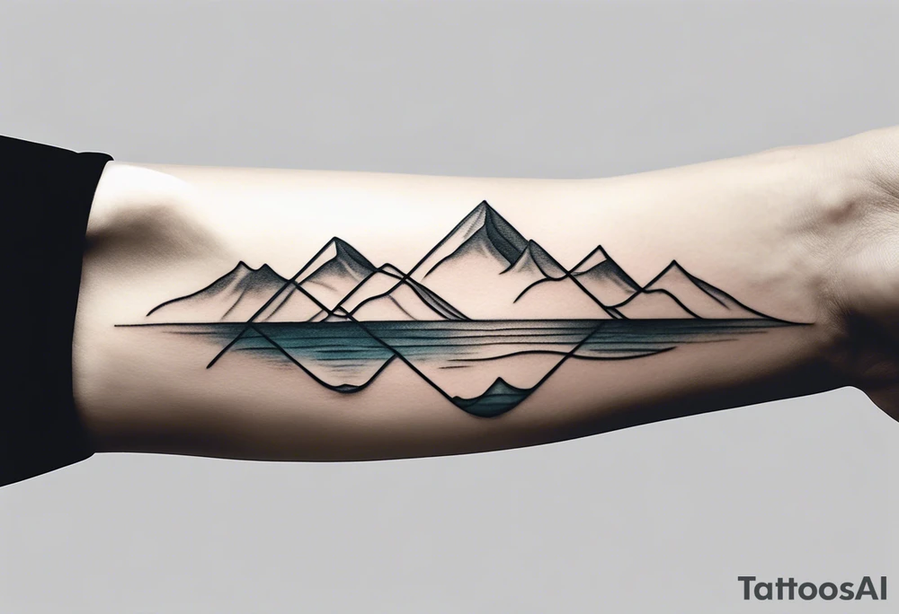 The tattoo starts at the wrist with a simple, clean line that represents the shoreline. Above this line, there are serene, rolling waves depicted in a minimalistic style—smooth curves that capture the essence of the ocean.

Moving upward, the waves gradually transition into a set of geometric mountains. These mountains are outlined with clean, straight lines, creating a sharp yet simple silhouette against the canvas of your forearm. The peaks of the mountains form a subtle V shape, symbolizing strength and resilience.

Above the mountains, a small, circular sun completes the design. The sun is composed of bold, yet uncomplicated lines, radiating simplicity and warmth. The circular shape of the sun adds balance to the overall composition, creating a harmonious blend with the waves and mountains. tattoo idea