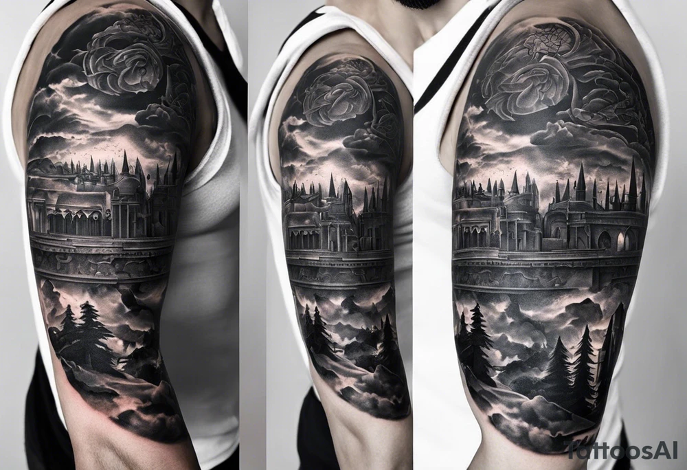 Certainly! Here's the updated description for a bicep and upper arm tattoo:

---

**Tattoo Description:**

**Design:** Black and gray detailed illustration.
**Location:** Bicep and upper arm.
**Concept:** Scene from Dante's Inferno, inspired by Gustave Doré's illustrations.

**Details:**

1. **Main Elements:**
   - A dark forest with towering trees and rocky terrain.
   - Two small figures standing at the entrance of a dark cave, symbolizing the descent into hell.
   
2. **Style:**
   - Detailed line work capturing the intricate details of the forest and rocky environment.
   - Black and gray shading to create depth and contrast, emphasizing the eerie and foreboding atmosphere.

**Overall Feel:**
   - A haunting and dramatic scene that evokes the mysterious and ominous journey through Dante's Inferno.

---

This version is tailored for the bicep and upper arm, providing a clear and concise vision for your tattoo artist. tattoo idea