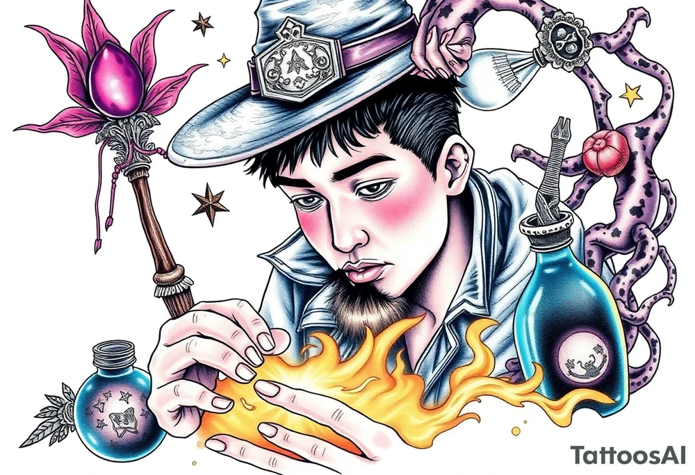 Handsome Asian young adult guy is  accidentally stumbled upon witch tools, supplies, artifacts, potions and exploring it curiously tattoo idea