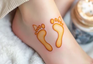 Bright yellow and pastel orange footprints of Tereza, gently paired with butterfly wings to capture her playful and free nature. tattoo idea