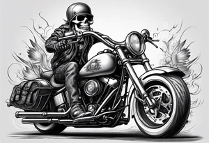 A skeleton riding a Harley motorbike also throwing a bomb at something tattoo idea