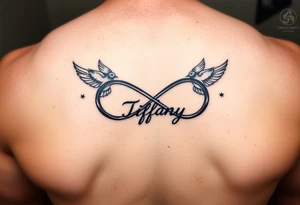 Infinity symbol with birds and the name Tiffany attached to the symbol tattoo idea