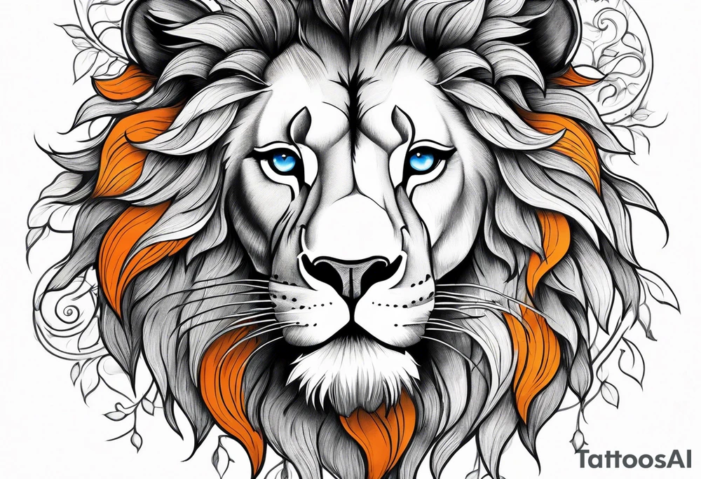 Lion tattoo with blue eyes, Orange tree of life with a stream leading to waterfall tattoo idea