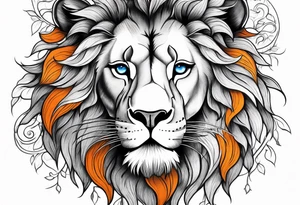 Lion tattoo with blue eyes, Orange tree of life with a stream leading to waterfall tattoo idea