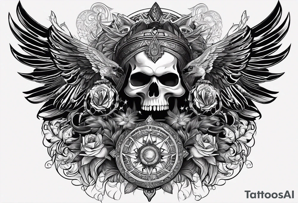 black kali, goddess pirate, alien, pachamama, valkrye, warrior, skull, lotus azul, wing, eagle, zenza resonance, stars, 5D tattoo idea