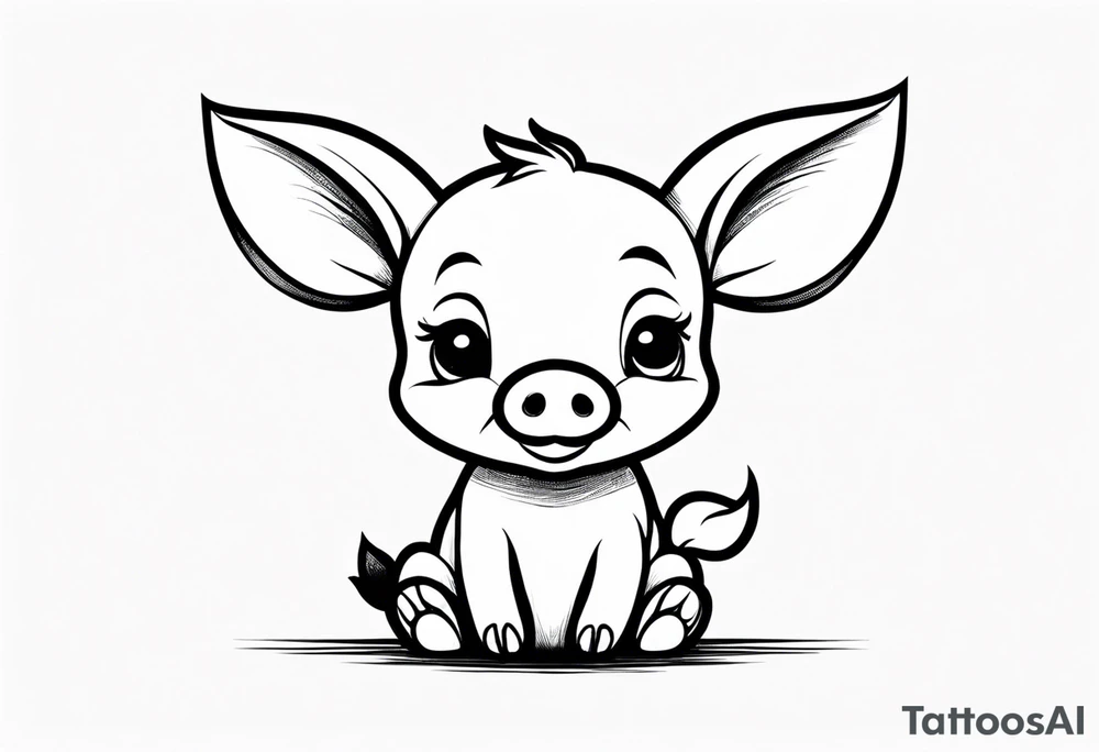 cute simple piglet sitting on bum. big eyes, small/floppy ears. draw with very thin lines minimal shading, black and white only, with text "friends not food", white background tattoo idea