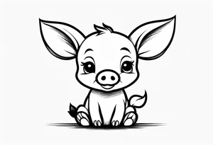 cute simple piglet sitting on bum. big eyes, small/floppy ears. draw with very thin lines minimal shading, black and white only, with text "friends not food", white background tattoo idea