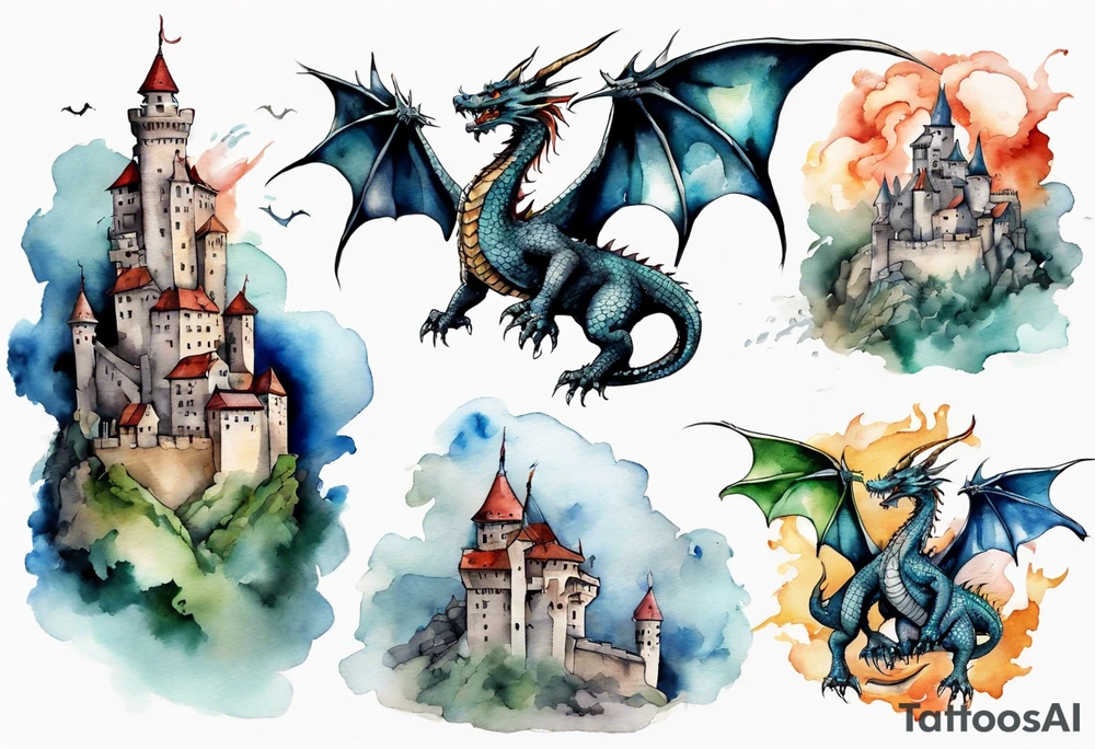 3 dragons flying around the highest part of the castle, defending it from a village with angry people tattoo idea