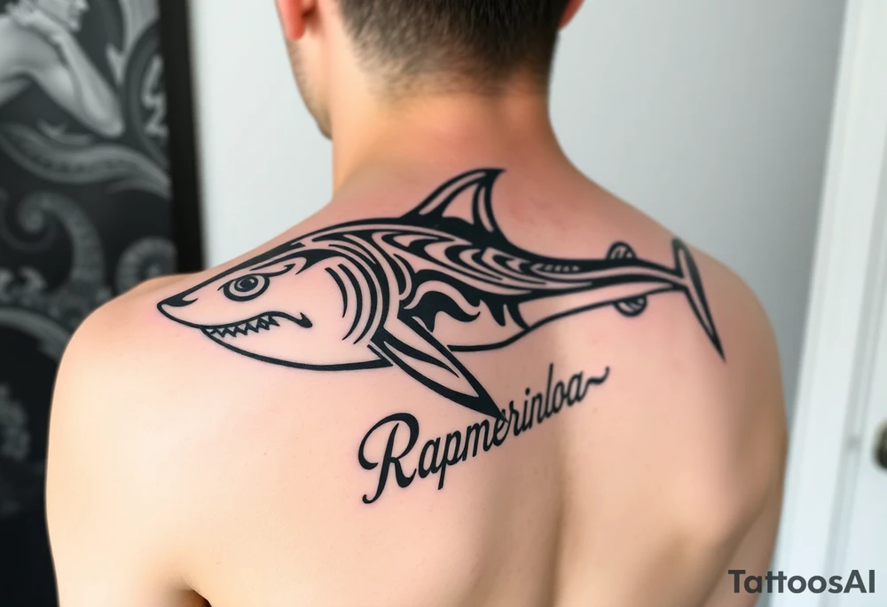hammerhead shark with Rangiroa text on the back tattoo idea