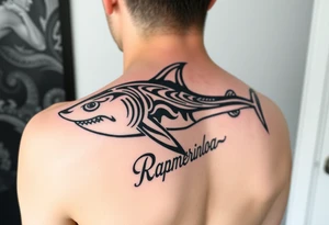 hammerhead shark with Rangiroa text on the back tattoo idea