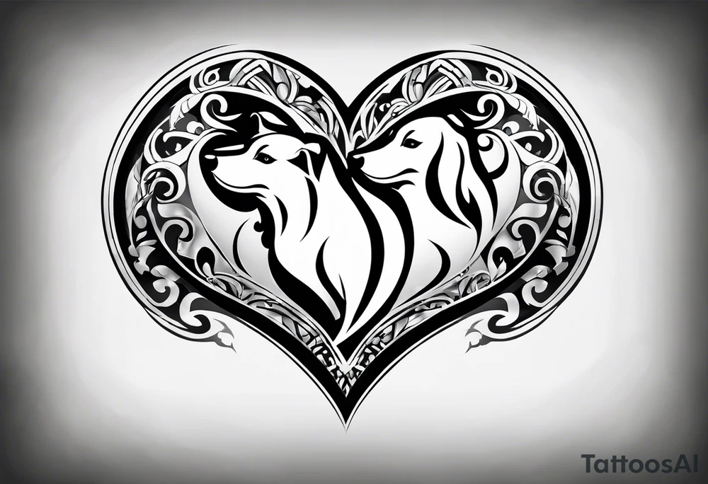 two small dog paws, two big dog paws with shadow background connecting them and seperate, disconnected tribal heart above it all tattoo idea