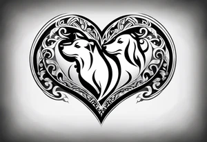 two small dog paws, two big dog paws with shadow background connecting them and seperate, disconnected tribal heart above it all tattoo idea