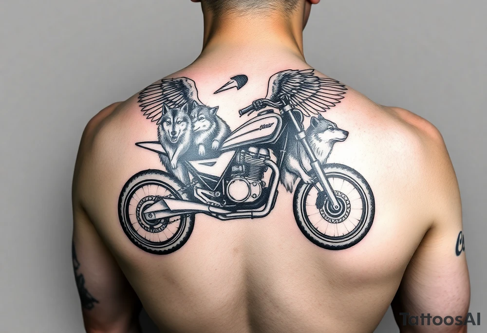 a motorcycle on it with guardian angel wolves on the nike tattoo idea