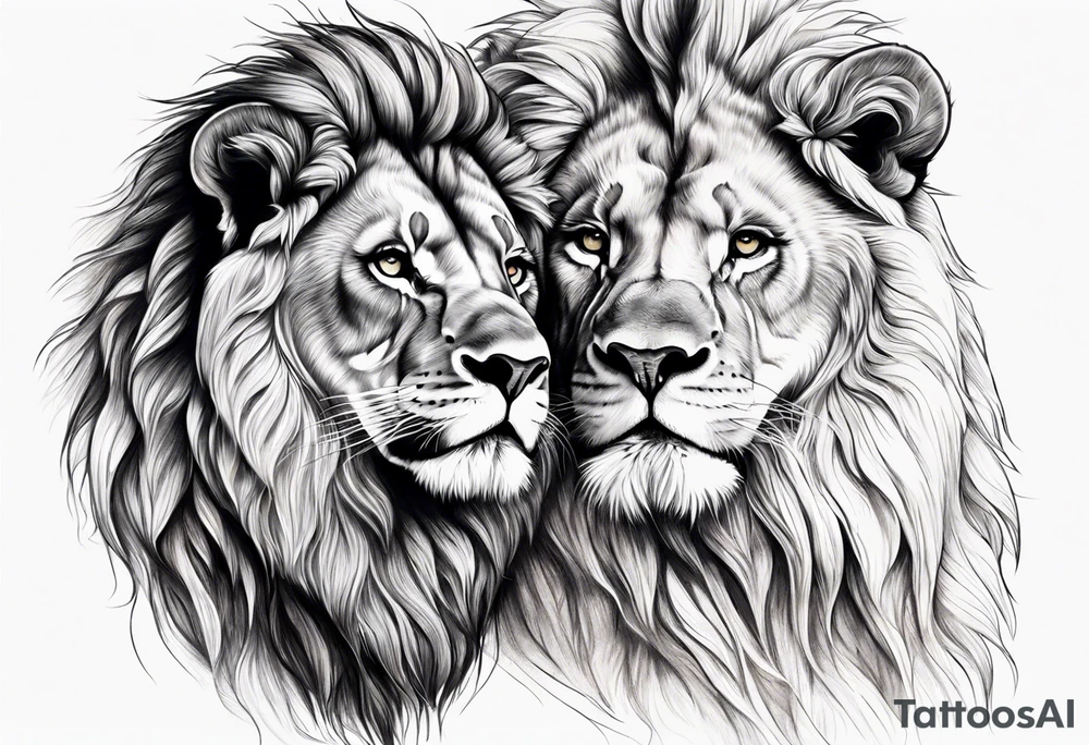 Realistic lion and lioness 
bonding tattoo idea