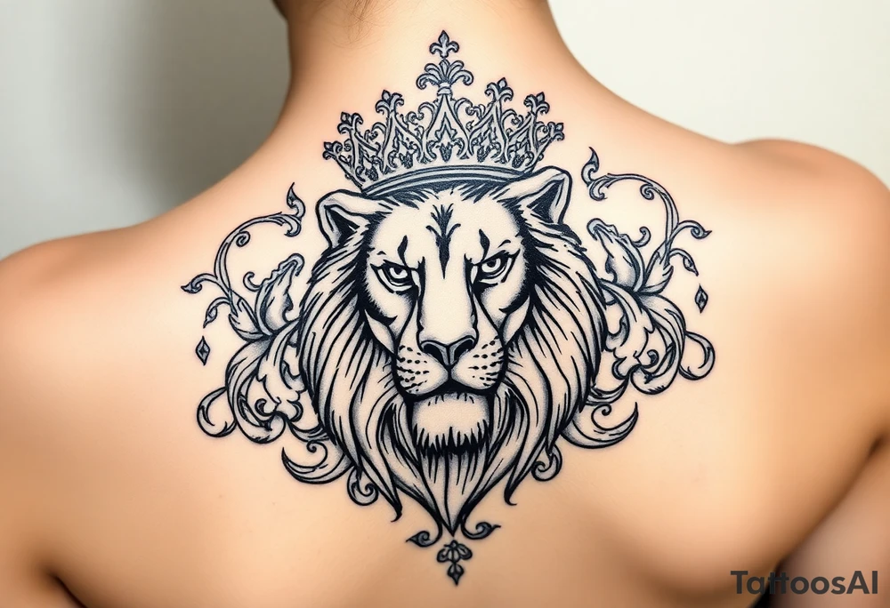 majestic lion wearing ornate crown, surrounded by baroque flourishes tattoo idea