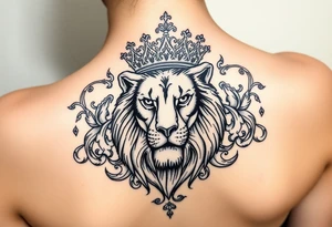 majestic lion wearing ornate crown, surrounded by baroque flourishes tattoo idea