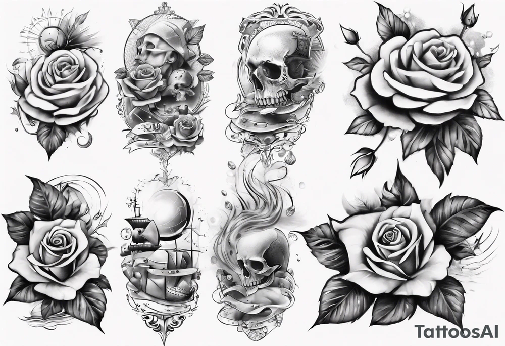 Half-sleeve arm tattoo. Roses, gambling and beach theme tattoo idea
