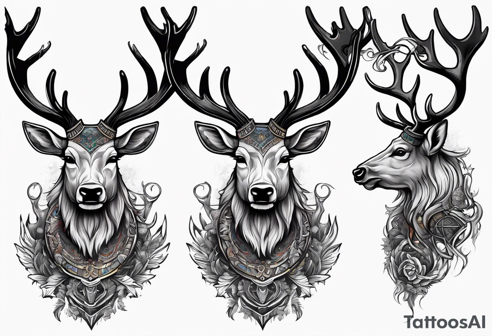 back tattoo of a front view reindeer with half the face as a skull tattoo idea